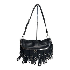 Maxx NY Black Leather Shoulder Bag with Grommet Detailing Fringe Kiss Clasp